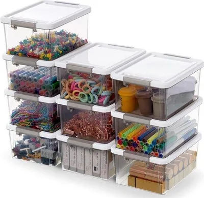 Immagine prodotto di Contenitore trasparente da 125 l, 10 pezzi, con coperchio e maniglia, impilabile, in plastica elastica e resistente, trasparente.