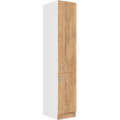 A tall, narrow cabinet with two doors, one above the other. The left side is white, and the right side has a wood grain texture in a light brown color. The cabinet is shown against a plain white background.