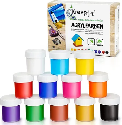 Produktbild von Krevo Art 12 x 20 ml Acrylfarben-Set, wasserfeste Kinder-Bastelfarben für Papier, Stein, Holz & mehr