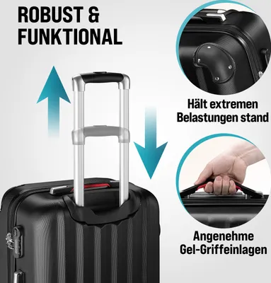 Image de MONZANA® Ensemble de 3 valises avec serrure, organiseur de linge, balance de voyage, sangle, poignées en gel, roulettes jumelées, pieds de support, valises à roulettes, valises à coque rigide M-L-XL, couleur : noir