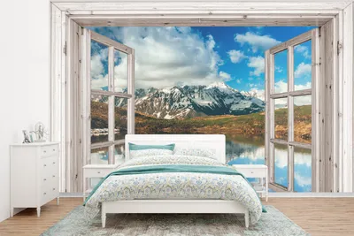 Produktbild von MuchoWow® Fototapete für Wohnzimmer oder Schlafzimmer Wandtapete Vinyl Motivtapete Aussicht - Berg - Wasser - 350x260 cm - Wohnzimmer-Tapete