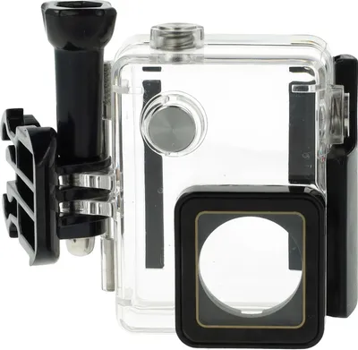 A close-up, studio shot of a clear plastic underwater housing for an action camera.