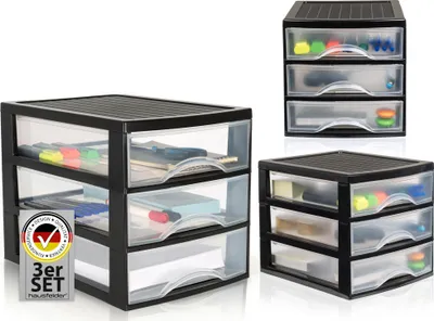 Produktbild von Hausfelder Schubladenbox 1x A4 + 2x A5, Boxen mit je 3 Schubladen, Organizer und Schreibtisch Ordnungssystem (3er Set)