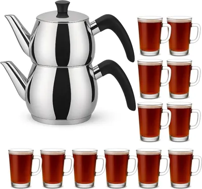 Produktbild von Caydanlik Teekanne Edelstahl 2-stöckig – Türkischer Teekocher induktionsgeeignet – mit Teegläsern oder nur Kanne : Kanne 1,5L : Tassen-Set 12er