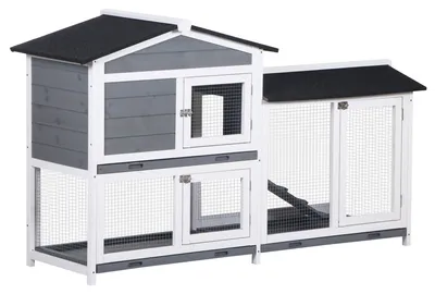 Productafbeelding van Konijnenhok met ren en 2 houten vloeren. Kleur: Grijs. Afmetingen: 53 x 157,4 x 93,5 cm
