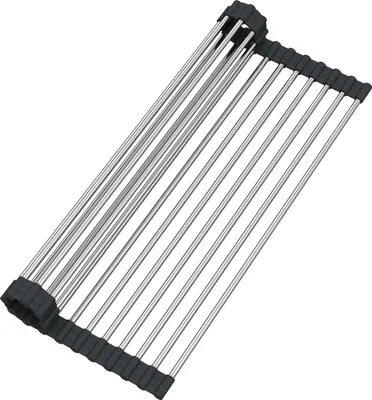A roll-up dish drying rack made of metal rods and black plastic ends, shown against a white background.
