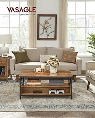 A living room scene with a couch, coffee table, and side table.
