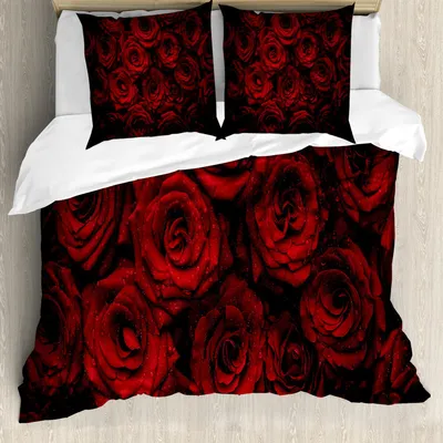 Immagine prodotto di ABAKUHAUS Set copripiumino rosso scuro, immagine di rose rosse con gocce d'acqua Bouquet di fiori simbolo di amore e passione, 155 x 220 cm + 80 x 80 cm, nero rosso