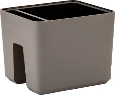 A gray planter box with a cut-out on the side, shown from a 3/4 angle.
