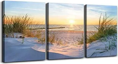 Image de Hyidecorart Tableaux sur toile Coucher de soleil plage Set - 3 pièces 30x40cm