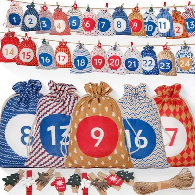 Produktbild von Adventskalender zum Befüllen – 24 Adventskalender-Säckchen – Stoff – Groß und wiederverwendbar – DIY-Weihnachtsadventskalender zum Befüllen