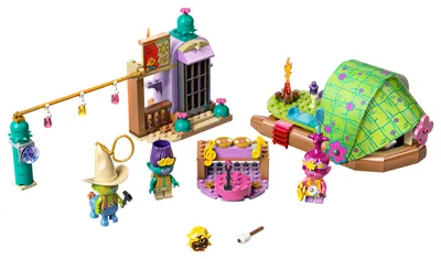 A LEGO set featuring a raft, a tent, a small building, and several troll figures.