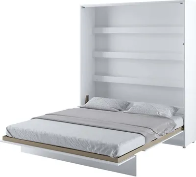 A white wall bed with a mattress and pillows is shown in the open position.