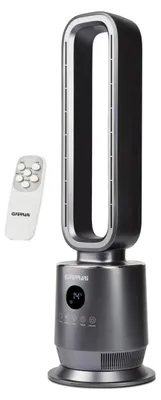 A modern tower fan with a remote control.