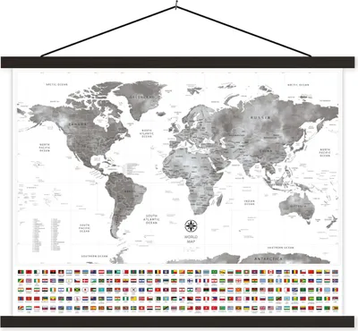 Produktbild von MuchoWow® Textilposter Weltkarte - Flagge - Schwarz - Weiß 120x90 cm mit schwarzem Rahmen - Aufhänger für Poster