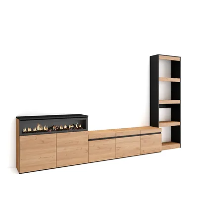 Produktbild von Wohnwand Wohnzimmer, 310x35x186cm, Für TV-Geräte bis zu 65", Elektrokamin, Eiche und Schwarz