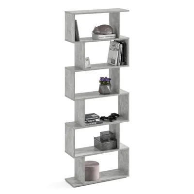Produktbild von Komto Bücherregal - Raumteiler Regal Standregal Holz und Hoch mit 6 Ebenen S-Förmiges Modern Hochregal Aktenregal Büroregal 191x70x24 cm Beton