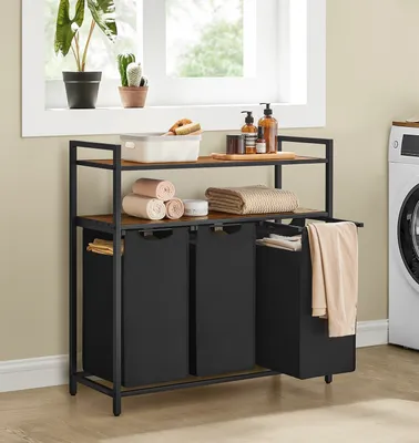 A laundry shelf with multiple compartments and shelves, placed next to a washing machine.