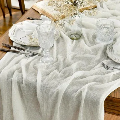 Immagine prodotto di Tovaglia in garza stile boho color avorio 80x300 cm - Decorazione