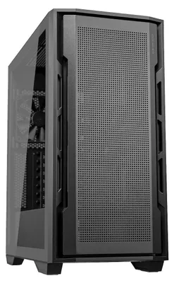 A black computer case is shown from a three-quarter angle.