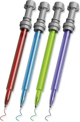 Four colorful pens with gray tops arranged diagonally against a white background.