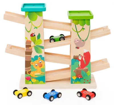 Zdjęcie produktu dla Omgoods - Drewniany zestaw samochodów wyścigowych dla dzieci - zawiera 4 mini samochody