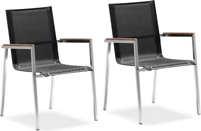 Produktbild von Zelsius 2x Edelstahl Gartenstuhl mit Teak Holz Armlehne, 55 x 56 x 88 cm, Schwarz