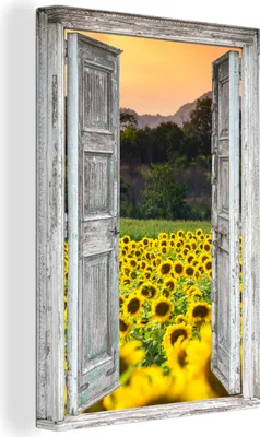 Produktbild von OneMillionCanvasses® - Leinwandbilder - 90x140 cm, Sonnenblume - Abend - Blumen - Ansicht, - Geöffnetes Fenster - Fensterblick Schlafzimmer Kunstdruck Wanddekoration - Foto auf Leinwand - Gemälde auf Holzrahmen  - Wandschmucke - Schlafzimmer