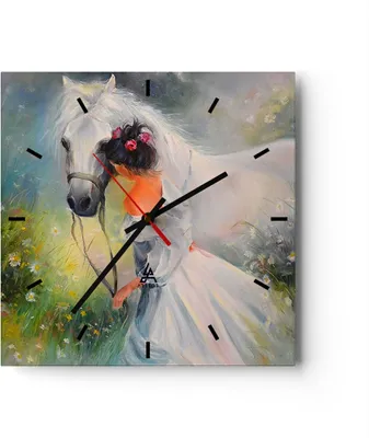 Produktbild von Wanduhr - Quadrat - Glasuhr - Frau Wiese Pferd - 40x40cm - Schleichendes Uhrwerk - Lautlos - zum Aufhängen bereit - Dekoration Modern - Wanddekoration aus Glas - C3AC40x40-3470