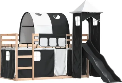 Obrázek produktu pro vidaXL Patrová postel se skluzavkou a závěsy bílá a černá 90x190 cm