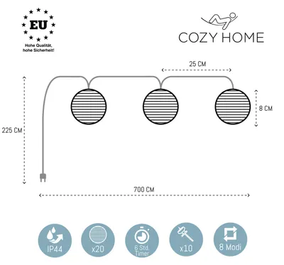 Immagine prodotto di Ghirlanda luminosa con lanterne a LED - 5,5 metri | Con spina di alimentazione, NON a batteria, per interni ed esterni | 15 LED bianco caldo | Nessuna fastidiosa sostituzione delle batterie | IP 44 (adatta per esterni) | Lanterne a LED di CozyHome