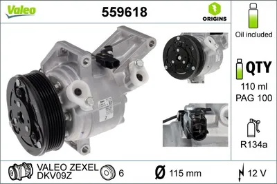 Produktbild von VALEO 559618 DKV09Z Klimaanlage Klimakompressor PAG 100 R134a für MAZDA CX-3 (DK) 2 Schrägheck (DL, DJ) 2 Limousine (DL)
