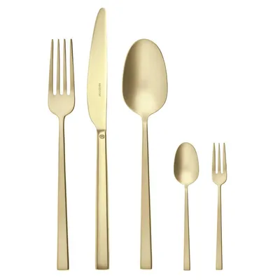 A set of gold-colored cutlery arranged on a white background.