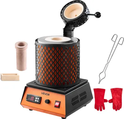 A digital gold melting furnace and its accessories are displayed against a white background.