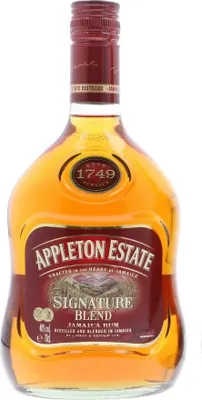 A bottle of Appleton Estate Signature Blend Jamaica Rum against a white background.