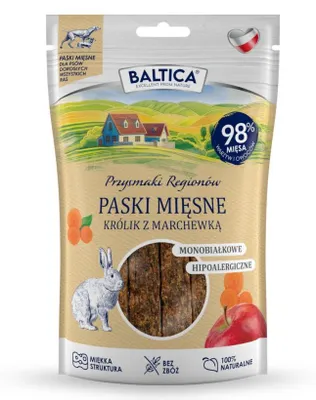 Zdjęcie produktu dla Baltica Przysmaki Regionów 90g Miękkie Paski Mięsne Królik z Marchewką Dla Psa