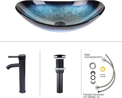 Produktbild von Puluomis Waschbecken Glas Aufsatzwaschbecken Waschschale Oval mit Wasserhahn Ablaufgarnitur Schwarz Blau