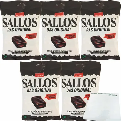 Produktbild von Villosa Sallos Das Original Hartkaramellen mit Lakritzgeschmack 5er Pack (5x150g Packung) + usy Block