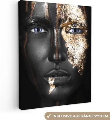 Produktbild von MuchoWow® - Leinwandbilder - Frau - Blattgold - Schwarz - Gold - Luxus, Wandbild, Wanddeko Bilder Wohnzimmer, 90x120 cm