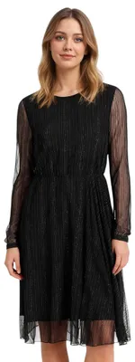 Produktbild von Damen Langarm Tüllkleid in Midi-Länge mit glänzenden Silberfäden, elegantes Abendkleid für Party, Größe 44
