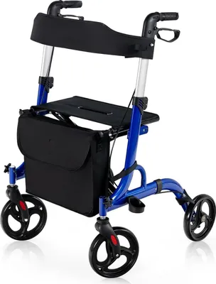Produktbild von COSTWAY Rollator faltbar mit Sitz, 2in1 Ruhestuhl & Reiserollator, Gehhilfe 6-fach höhenverstellbar, Gehwagen mit Tasche, Stockhalter & 2 Bremsen Blau