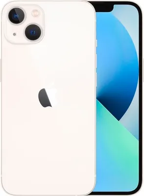A white iPhone 13 is shown from the back, with the screen visible on the right side.