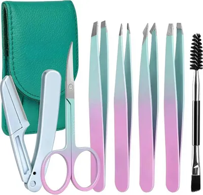 Image de Pince à épiler Set acier inoxydable 7 pièces épilation des sourcils ciseaux rasoir miroir voyage vert