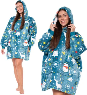 Immagine prodotto di Coperta Hoodie Kocobluza 2in1 Oversize Cappuccio Sherpa spesso Blu Pupazzi di neve