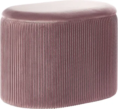 A pink velvet pouf with a pleated design and storage.