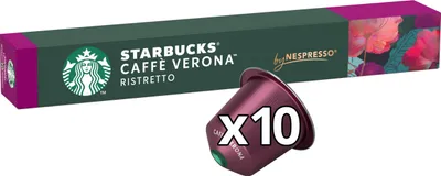 A box of Starbucks Nespresso coffee capsules with a single capsule in the foreground.