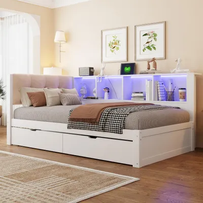 Produktbild von Kiefernholz-Schlafsofa mit Schubladen, dimmbarer LED, USB & Regal - Perfekt für modernes Wohnen - Schlafsofa ohne Matratze, Weiß, 90x200 cm