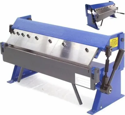 A blue and silver metal sheet bending machine is shown against a white background. A smaller inset image shows a similar machine from a different angle.
