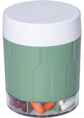 Immagine prodotto di Contenitore per pillole da 7 giorni, con scomparti ampi, color verde oliva, e dotato di 21 etichette