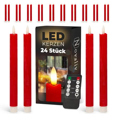 Produktbild von LED Stabkerzen 24 Stück ECHTWACHS ROT - mit Timer Funktion 6 Stunden - 23cm Höhe für Kerzen 2,2cm Durchmesser 2 AAA Batterien notwendig LED Stabkerzen 4er Set 6x ROT bewegliche Flamme Licht